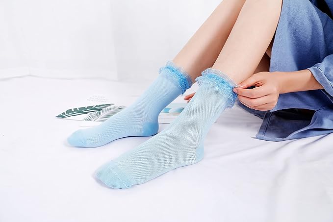 Women’s Retro Lace Frilly Ankle Socks – Multicolored Sheer – Mid Calf – Hand Wash – 1 Pair